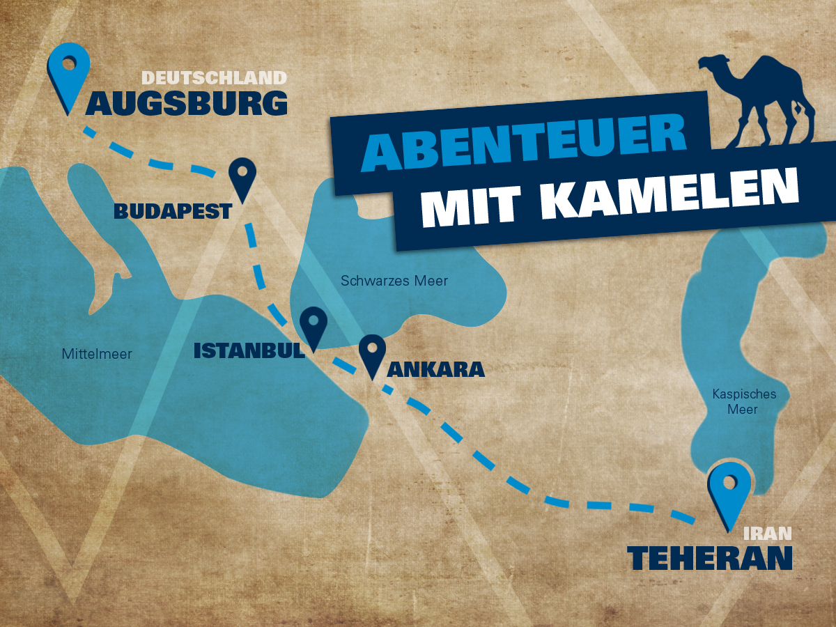 Landkarte Augsburg als Startpunkt und Teheran als Ziel