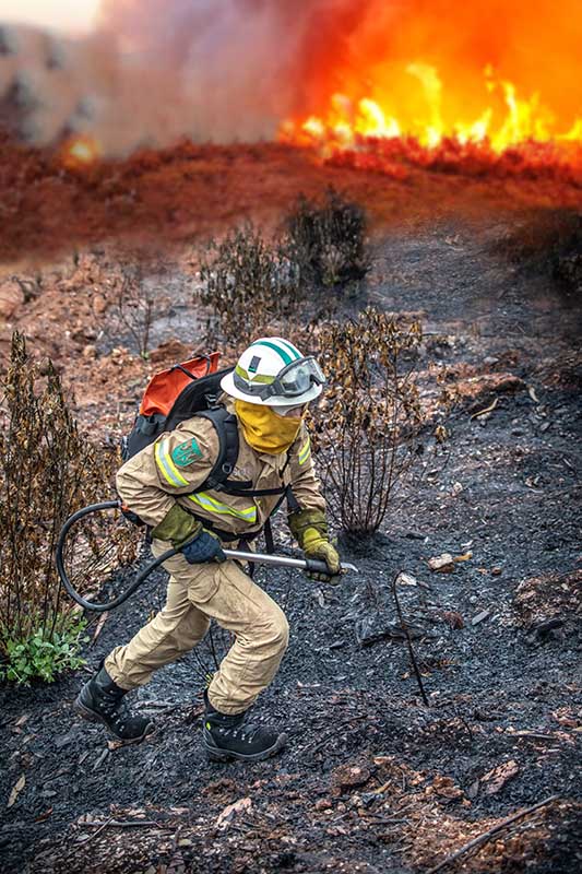 Ein portugiesischer Feuerwehrmann an der Borderline: wo verbrannte Erde auf lodernde Flammen trifft