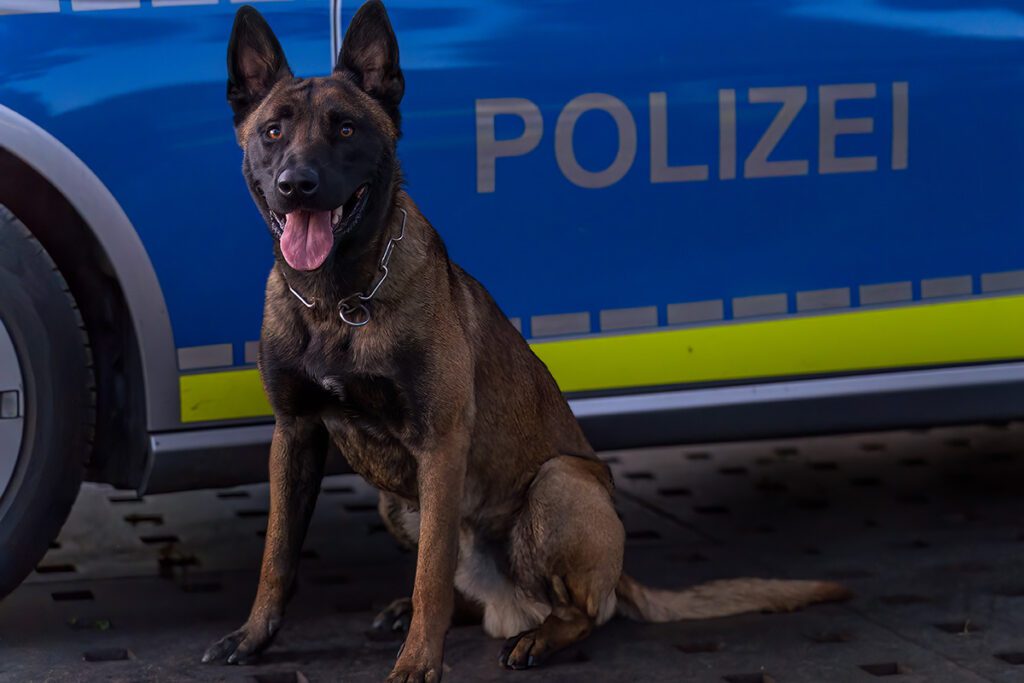 Ein belgischer Schäferhund macht Sitz vor einem Streifenwagen der Polizei